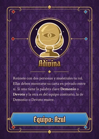 Carta de Adivina, versión azul: ícono dorado, nombre y texto de la habilidad (el mismo de abajo), con la franja azul abajo.