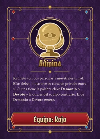 Carta de Adivina, versión roja: ícono dorado, nombre y texto de la habilidad (el mismo de abajo), con la franja roja abajo.