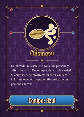 Carta de Chismoso, versión azul: ícono dorado, nombre y texto de la habilidad (el mismo de abajo), con la franja azul abajo.