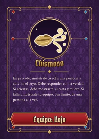 Carta de Chismoso, versión roja: ícono dorado, nombre y texto de la habilidad (el mismo de abajo), con la franja roja abajo.