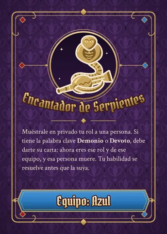 Carta de Encantador de Serpientes, versión azul: ícono dorado, nombre y texto de la habilidad (el mismo de abajo), con la franja azul abajo.