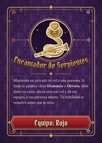 Carta de Encantador de Serpientes, versión roja: ícono dorado, nombre y texto de la habilidad (el mismo de abajo), con la franja roja abajo.