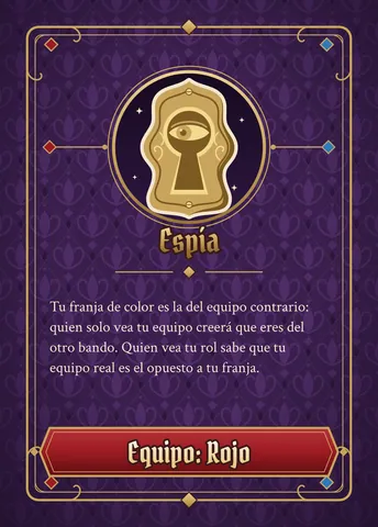 Carta de Espía, versión azul: ícono dorado, nombre y texto de la habilidad (el mismo de abajo), con la franja roja abajo.