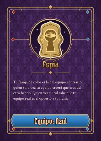 Carta de Espía, versión roja: ícono dorado, nombre y texto de la habilidad (el mismo de abajo), con la franja azul abajo.