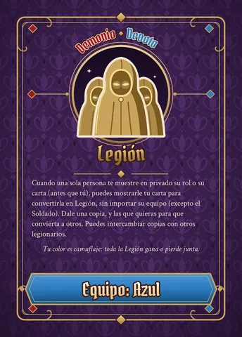 Carta de Legión, versión azul: ícono dorado, nombre y texto de la habilidad (el mismo de abajo), con la franja azul abajo.