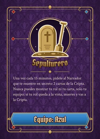 Carta de Sepulturero, versión azul: ícono dorado, nombre y texto de la habilidad (el mismo de abajo), con la franja azul abajo.