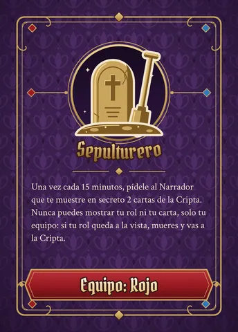 Carta de Sepulturero, versión roja: ícono dorado, nombre y texto de la habilidad (el mismo de abajo), con la franja roja abajo.