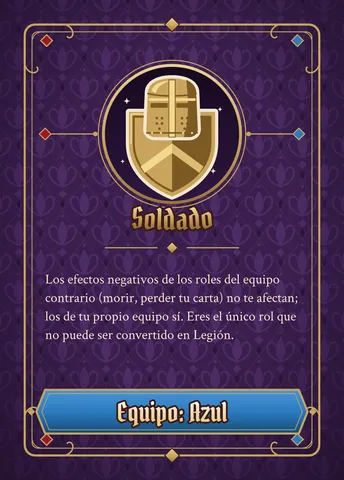 Carta de Soldado, versión azul: ícono dorado, nombre y texto de la habilidad (el mismo de abajo), con la franja azul abajo.