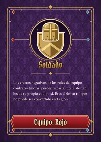 Carta de Soldado, versión roja: ícono dorado, nombre y texto de la habilidad (el mismo de abajo), con la franja roja abajo.