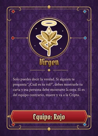 Carta de Virgen, versión roja: ícono dorado, nombre y texto de la habilidad (el mismo de abajo), con la franja roja abajo.